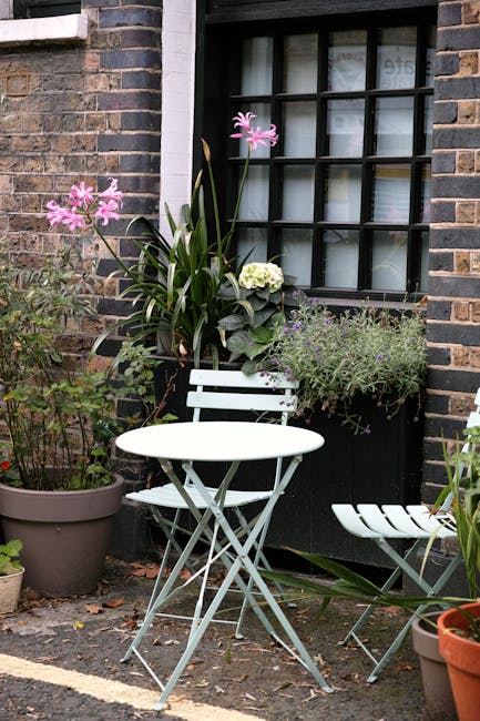 A small urban courtyard garden featuring a brick wall with a large window framed in black, divided into multiple panes. In front of the window, there is a black window box filled with lush plants, inc